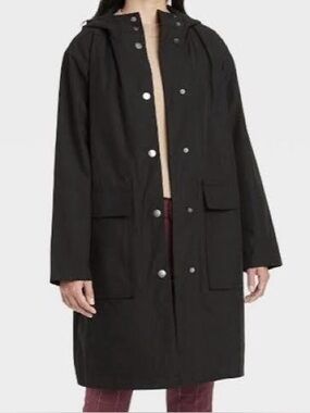A New Day Women’s Black Rain Jacket with Attached Hood Size XL Black Trench Coat